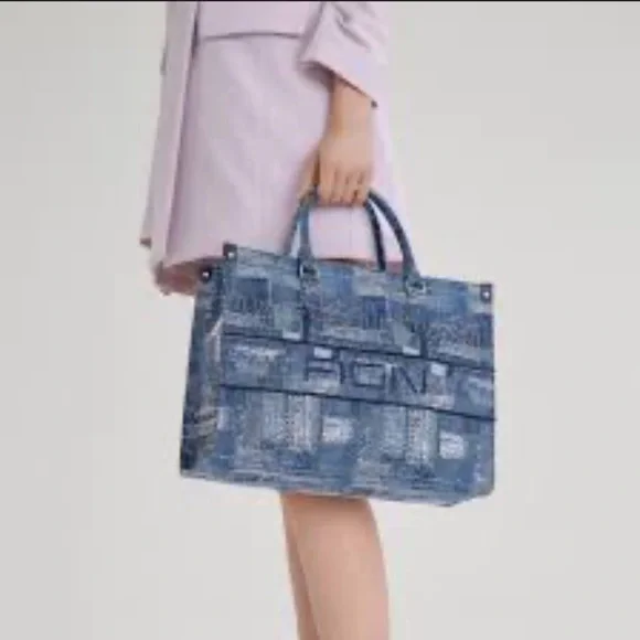 FION Oil Painting Jacquard with Leather Tote Bag Navy Blue Purse BRAND NEW - Picture 2 of 13